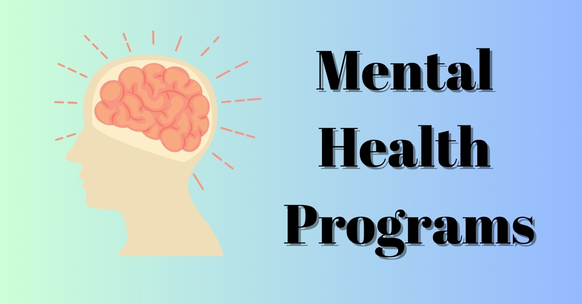 Illustration of a brain inside a head with text "Mental Health Programs," emphasizing mental health programs for teens.