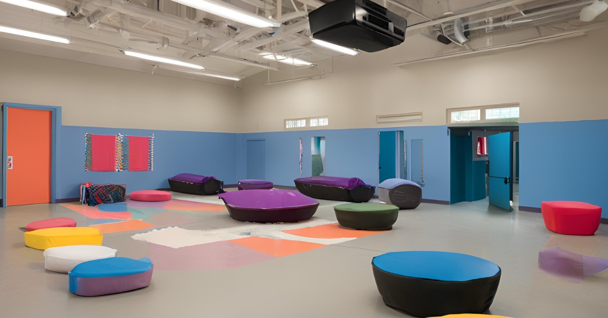 A colorful therapy room with soft seating, designed for PTSD treatment.