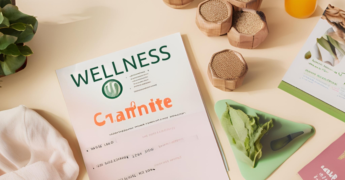 A wellness brochure on a table with seeds and greens, asking "What is Wellness Program?"