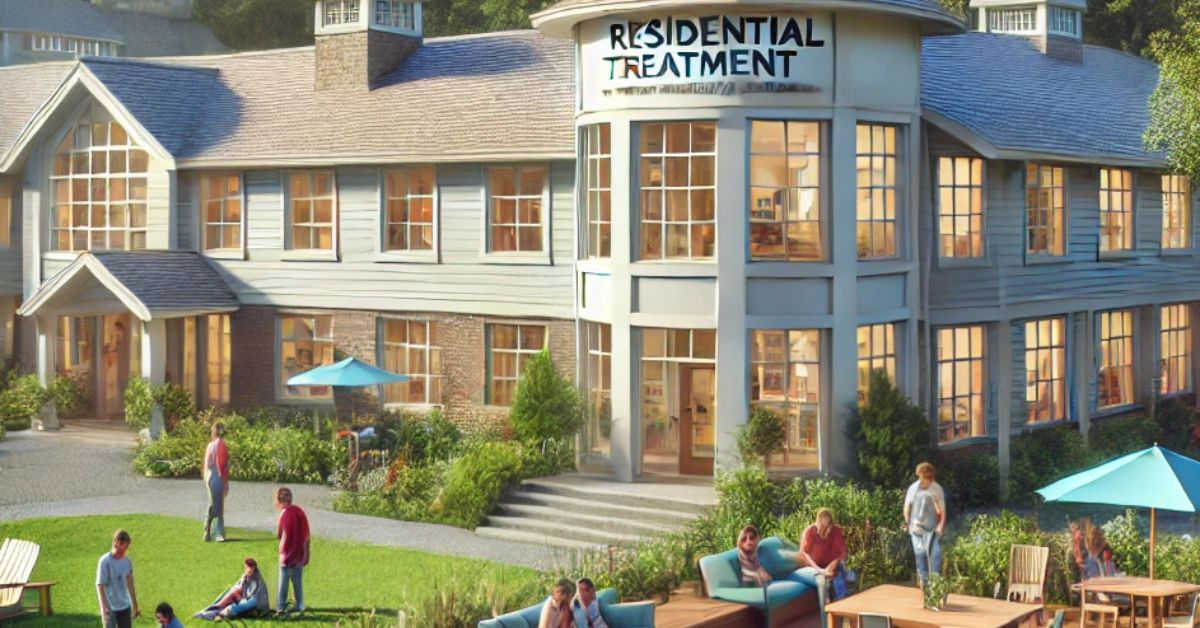 A large building with a sign reading "Residential Treatment" and people enjoying the outdoor space, illustrating Residential Treatment.