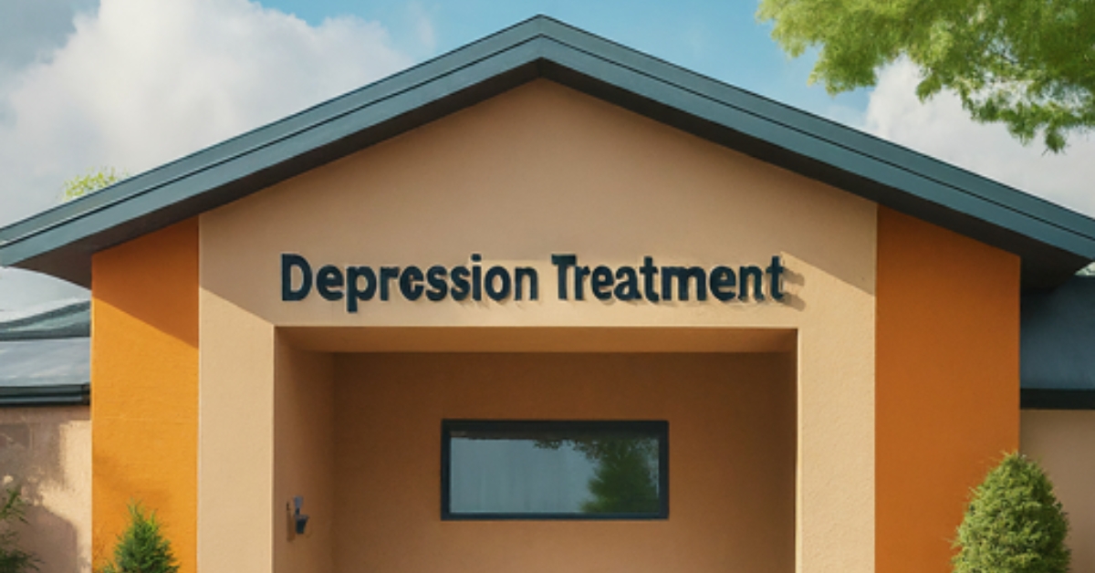 Entrance of a building with a sign that reads "Depression Treatment," highlighting depression treatment.