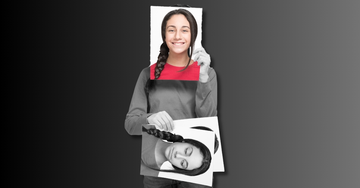 A girl holding photos of herself with different expressions, illustrating signs your child may benefit from youth counseling.