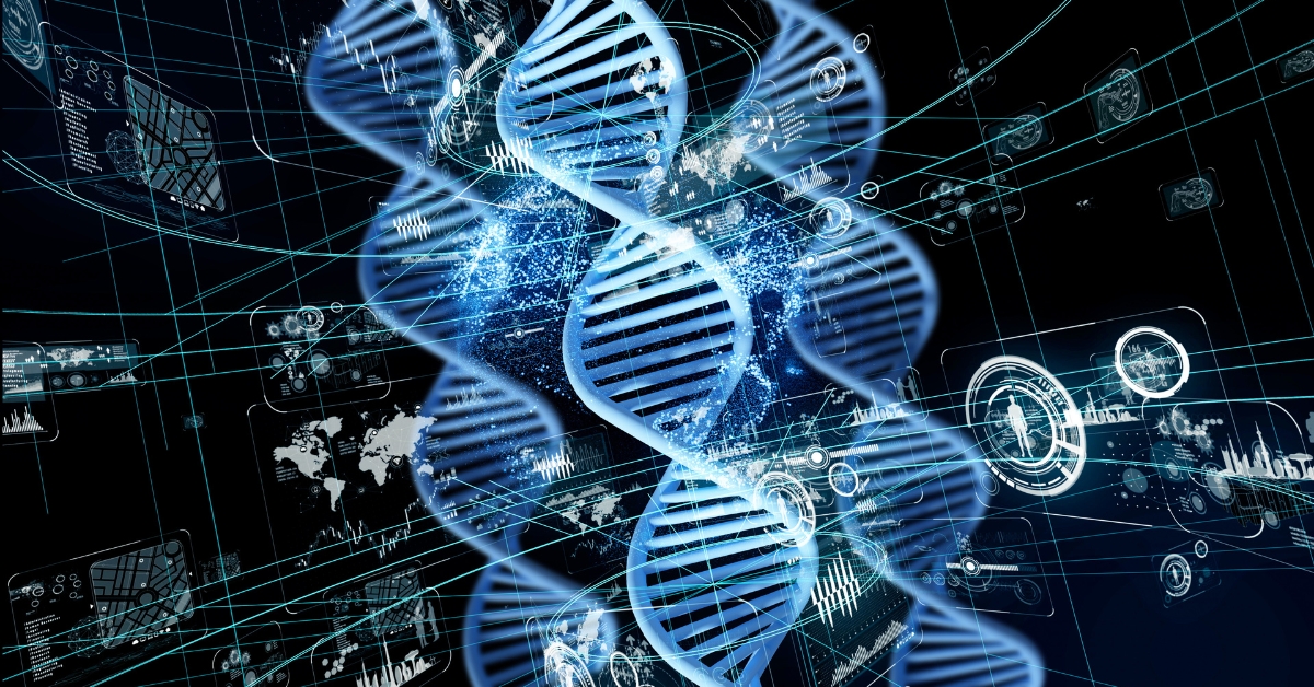 Digital illustration of DNA strands with data overlays, highlighting the concept of Eating Disorder Genetic research.