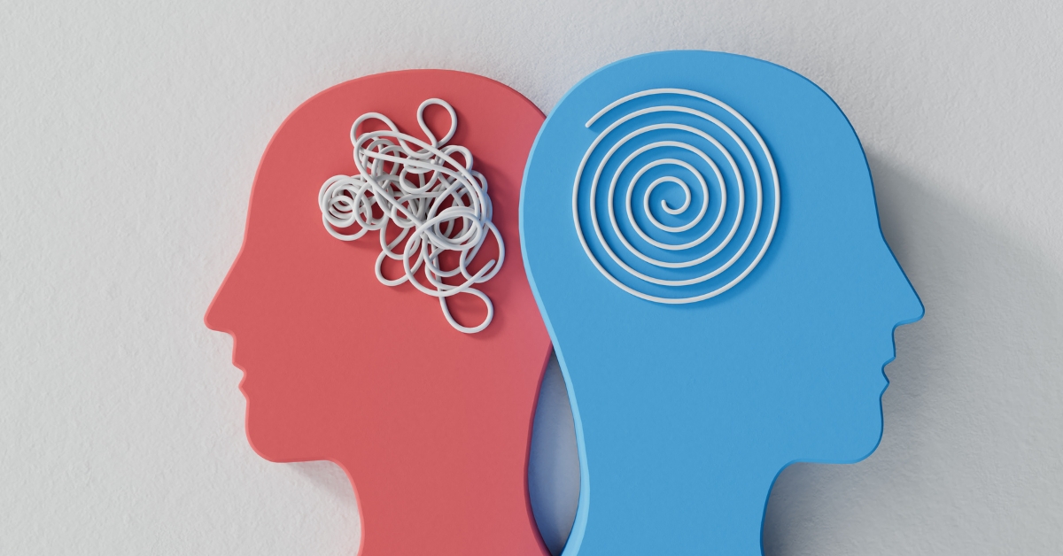 Silhouettes of two heads, one with tangled wires and the other with a spiral, illustrating the difference between behavioral health and mental health.