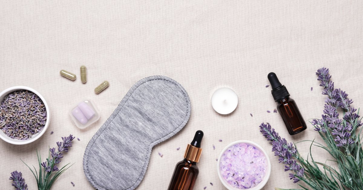 An eye mask, lavender, and essential oils highlight the importance of sleep hygiene for anxiety management.