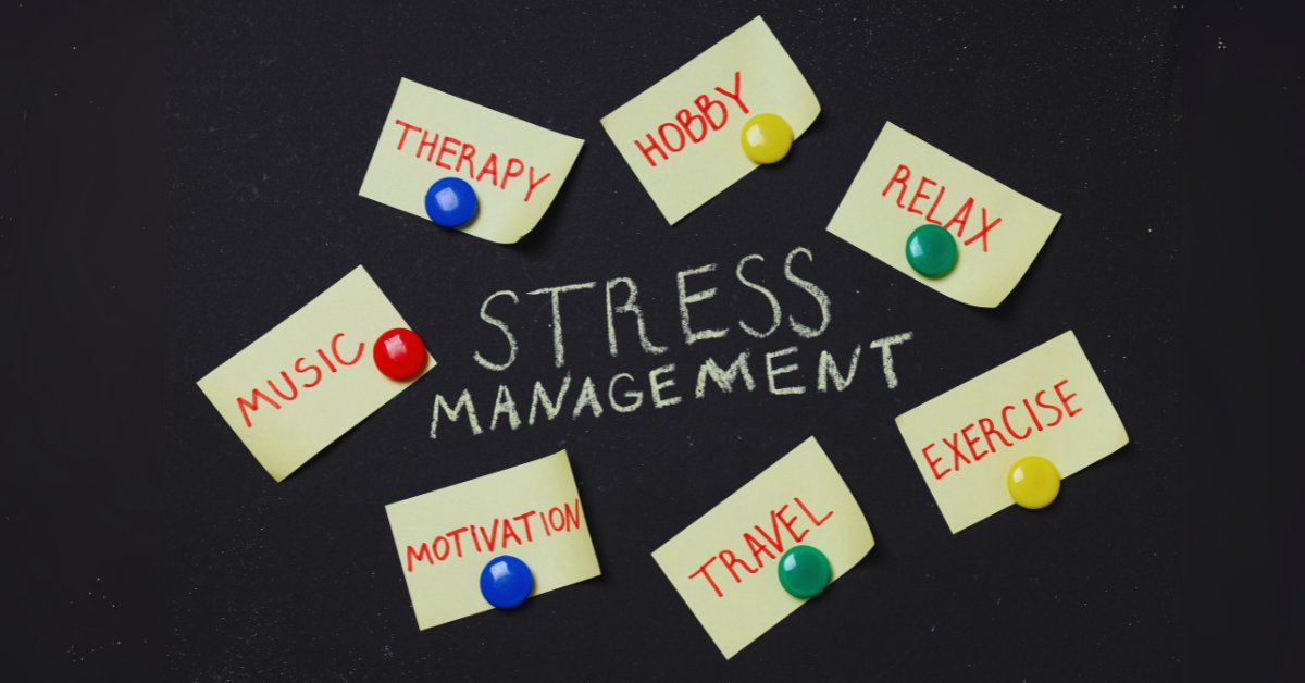 Sticky notes with words like therapy, music, and exercise highlight stress management strategies for anxiety sufferers.